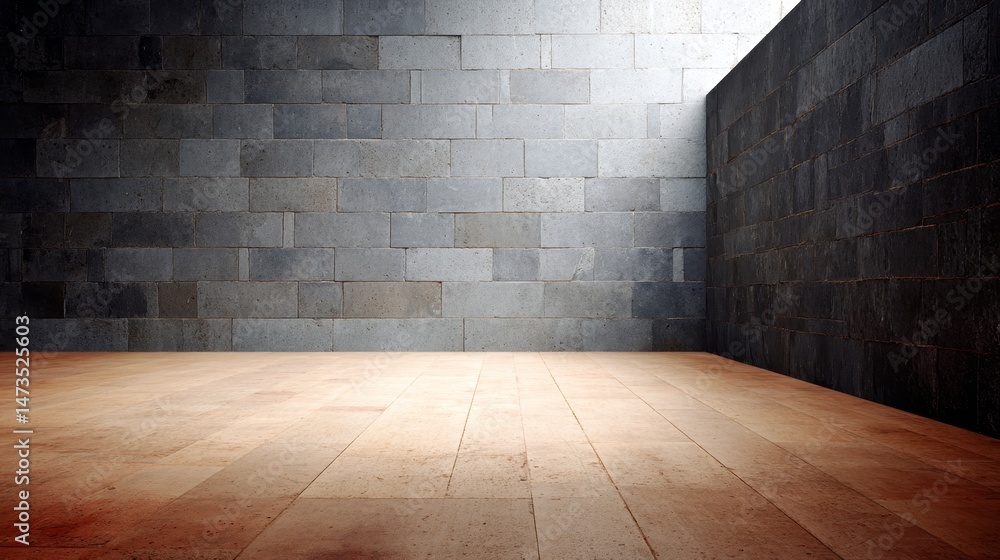 Poster wide-angle view of a contemporary room featuring a smooth cement wall and a textured charcoal brick 