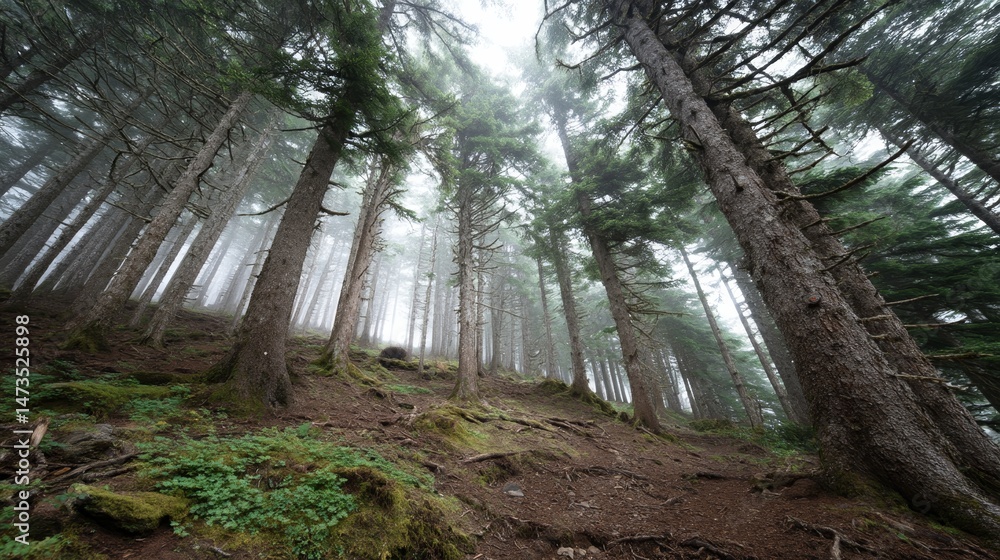 Poster wide-angle view captures a dense forest with towering trees, tangled vines, and mist rising from the