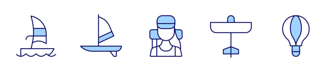 windsurf, traveler, ultralight, hotairballoon. Adventure Icon vector illustration. Line Duotone style. Editable stroke