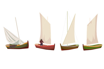 Set sailboat retro ship, fishery, travel vessel