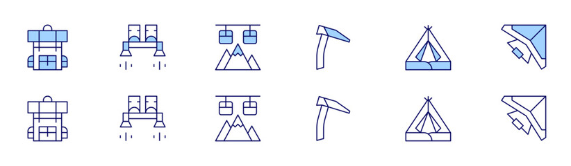 Adventure icon set in two styles, Duotone and Thin Line style. Editable stroke. adventure, iceaxe, flyboard, campingtent, cablecar, hangglider