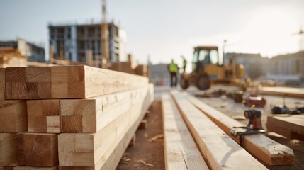 Wide-angle view of a construction site features stacked wooden beams and scattered tools, illuminated by gentle morning light, reflecting skilled craftsmanship