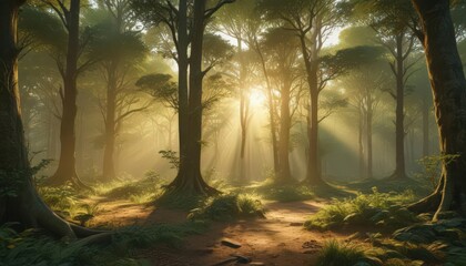 Obraz premium Golden sunlight streams through emerald canopy, illuminating dappled forest floor, peaceful, shadow, backlighting