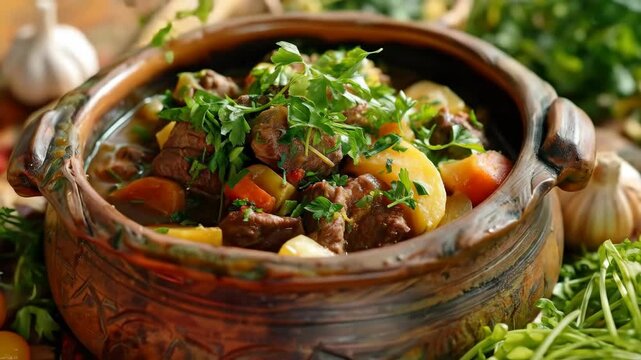 Malagasy romazava, a traditional beef stew with mixed greens and tomatoes, served in a clay pot. A flavorful dish from Madagascar