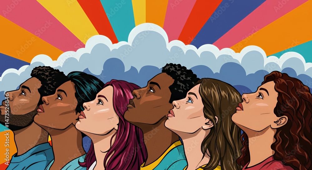 Poster diverse faces looking up in pop art style for lgbtq pride celebration with abstract background of in