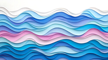 Abstract wavy paper layers in shades of blue and pink with white backdrop
