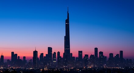Fototapeta premium Nanjing Skyline Ascending: Skyscrapers Illuminate Evening Twilight, Modern Architecture Reflecting City Lights in Silhouette Against Blue Hour Sky, Stunning View