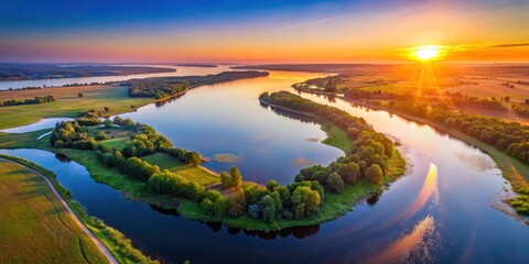 Fototapeta premium Beautiful view of the Volga river from a quadrocopter in the Zubtsovsky district at sunrise