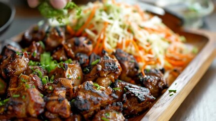 Haitian griot, marinated and fried pork cubes with spicy slaw, served on a serving tray. A flavorful and traditional dish from Haiti