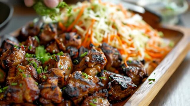 Haitian griot, marinated and fried pork cubes with spicy slaw, served on a serving tray. A flavorful and traditional dish from Haiti