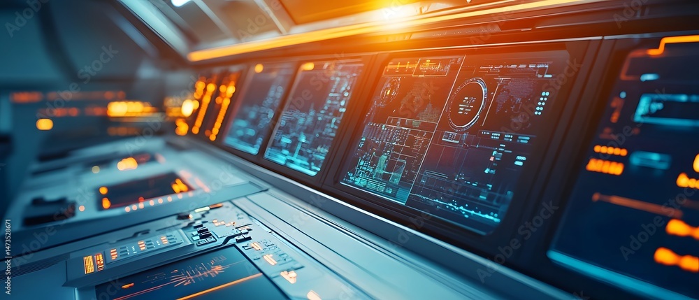 Poster futuristic control room with dynamic digital interfaces and ambient lighting