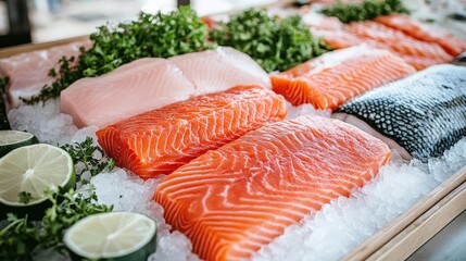 Fresh salmon and other fish fillets displayed on ice with lime and greens, ready for cooking or sushi preparation.