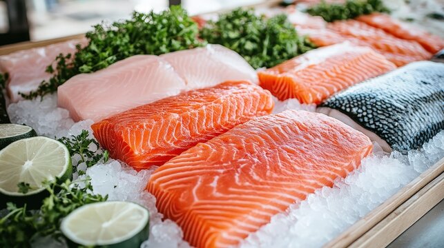 Fresh salmon and other fish fillets displayed on ice with lime and greens, ready for cooking or sushi preparation.