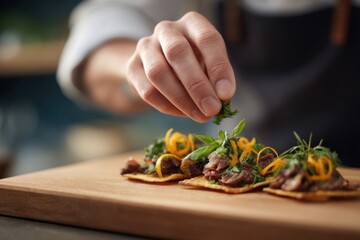 Hand garnishes beautifully plated nachos with vibrant toppings,