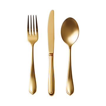Matte gold fork and knife top view isolated on transparent background