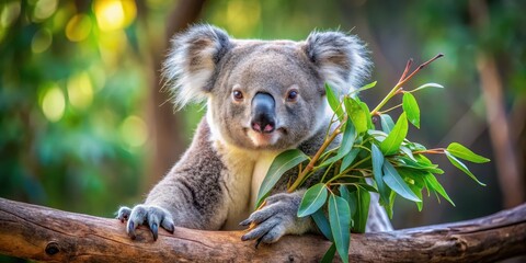 Fototapeta premium Koala bear sitting on a branch with eucalyptus leaves in its mouth and paws curled around it , outdoor, animal