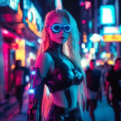A cyber punk style young girl in a cyber punk style city.