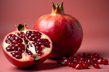 Fresh pomegranate whole and cut open displaying juicy seeds on a pink background
