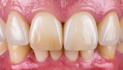 Teeth with varied shades from natural yellowing to brighter caps, set in reddish gums