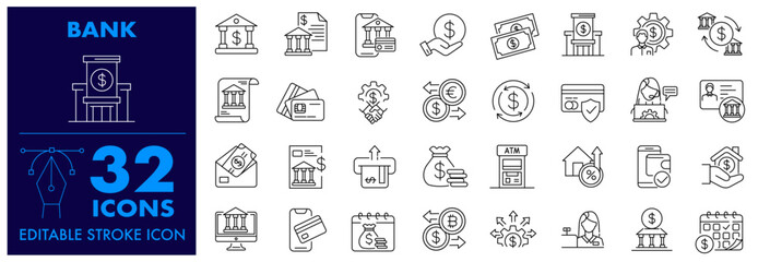 Bank icon set. Finance, Online banking, wallet, savings, loans, ATM, Credit card, mortgage, investment, Manager and more. Editable Stroke icon.