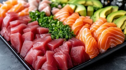 A colorful platter of fresh sashimi with tuna, salmon, avocado, and garnishes, beautifully arranged for a delicious seafood presentation.