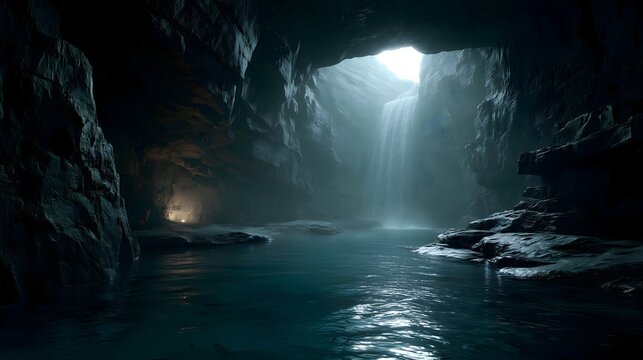 Subterranean waterfall cascades into dark pools within mysterious cave environment, illuminated by soft light