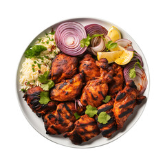 Tandoori chicken with rice and onions on a plate isolated on transparent background