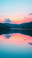 Fototapeta premium Serene Sunset Over Still Lake Reflecting Mountains and Sky