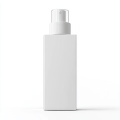 Rectangular, white, cosmetic bottle with pump dispenser.  Simple, clean, modern design