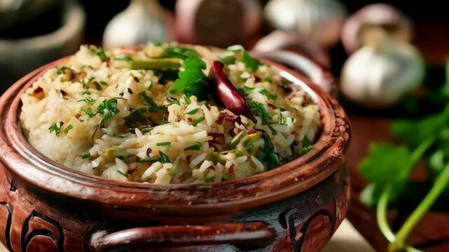 Bangladeshi panta bhat in a clay pot, fermented rice with mustard oil and spices. A traditional and flavorful dish from Bangladesh