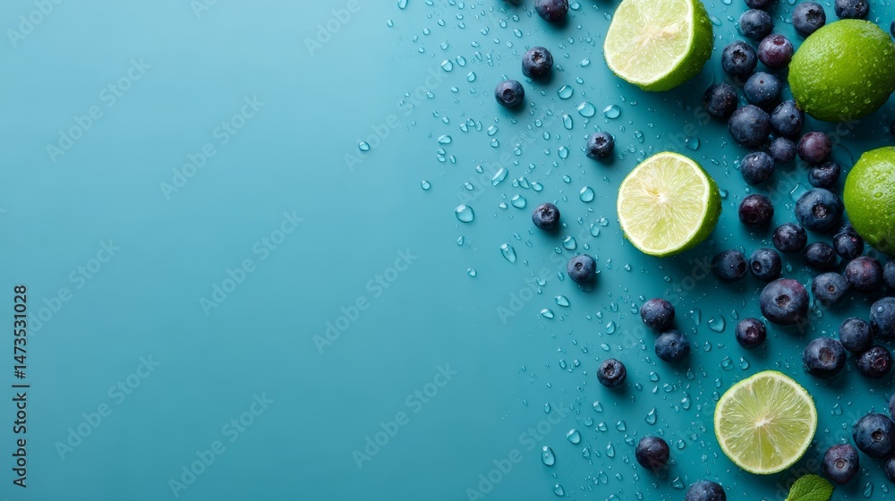 Poster close-up view of lime wedges and fresh blueberries arranged with sparkling water droplets on a teal 