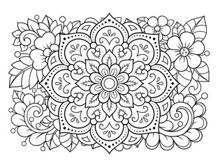 Outline floral pattern in mehndi style for coloring book page. Antistress for adults and children. Doodle ornament in black and white. Hand draw vector illustration.