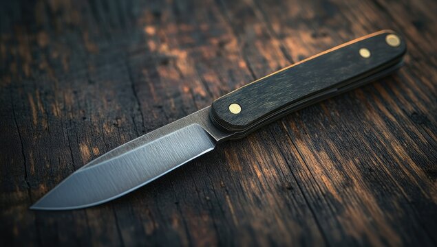 Folding knife on rustic wood