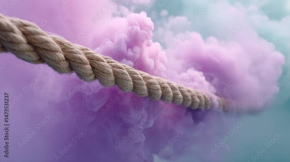 Leinwandbilder a coiled hemp rope is surrounded by swirling clouds of neon pink and teal mist, creating an energeti