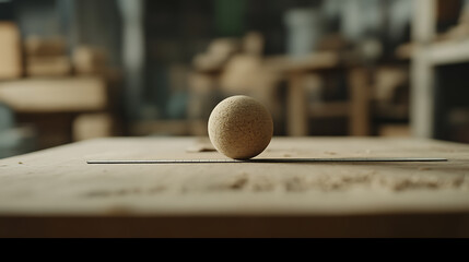 A round stone on a wooden surface in a workshop