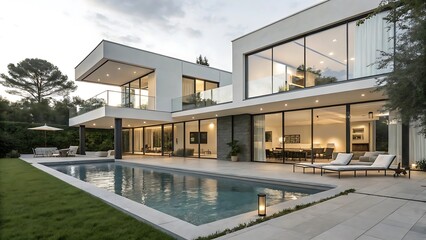 Fototapeta premium Modern Luxury Villa with Infinity Pool Stunning architecture design features glass walls a spacious patio and lush green landscaping