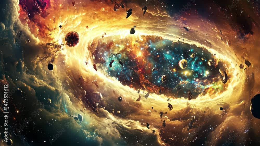 Poster journey through a vibrant space tunnel filled with colorful clouds and celestial wonders, a flyby in