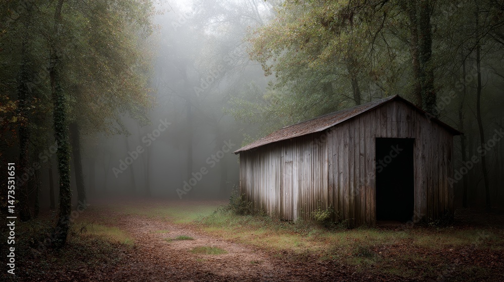 Poster A weathered wooden house stands isolated deep in the forest, surrounded by fog and tree branches, creating a mysterious and moody atmosphere