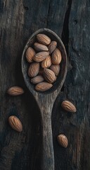 Almonds in a wooden spoon on rustic wood