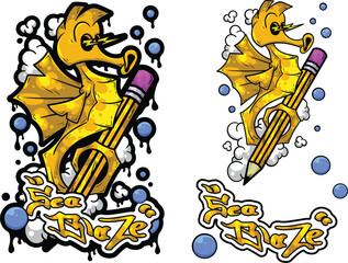 Seahorse and pencil cartoon illustration in graffiti style, full vector