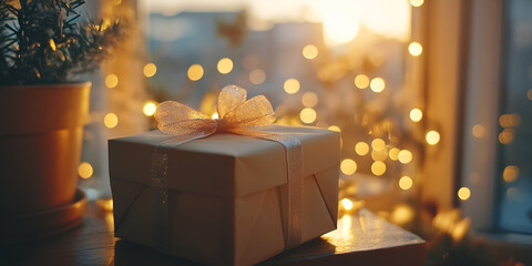 Gift Box Decorated with Ribbon on Wooden Table and Lovely Lights

