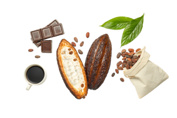 Experience vibrant cacao pods, rich chocolate, and aromatic coffee in a delightful showcase, isolated on white, PNG