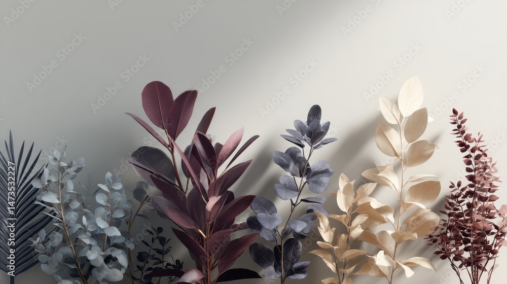 Poster Carefully arranged leafy elements create a decorative border effect, playing with shadows to enhance depth against a neutral background