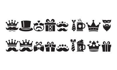 Obraz premium Father’s Day Icon Set Gift, Tie, Mug, Mustache, Crown Silhouettes Collection vector illustration on white background