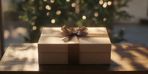 Gift Box Decorated with Ribbon on Wooden Table and Lovely Lights

