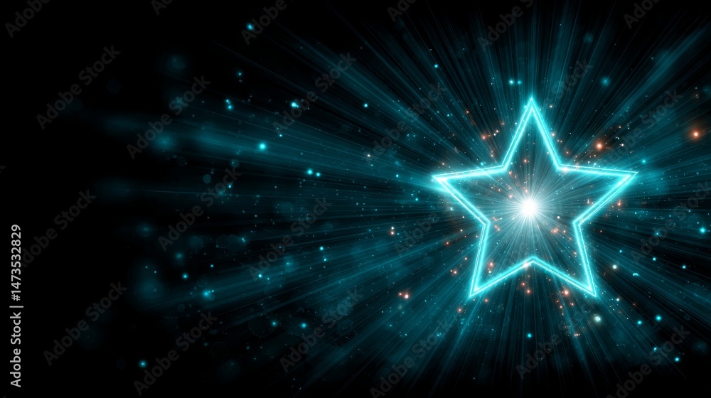 Poster a vibrant blue star radiates light against a deep black background, surrounded by delicate sparkles 