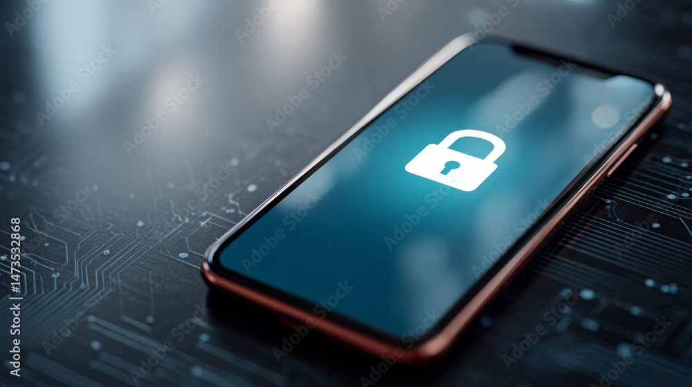 Poster Close-up view of a modern smartphone displaying a bright digital padlock symbol, highlighting the importance of digital security on a circuit-lined surface