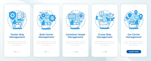 Ship type management solutions blue onboarding mobile app screen. Walkthrough 5 steps editable graphic instructions with linear concepts. UI, UX, GUI. Montserrat SemiBold, Regular fonts used