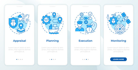 Stages of passage planning blue onboarding mobile app screen. Shipping. Walkthrough 4 steps editable graphic instructions with linear concepts. UI, UX, GUI. Montserrat SemiBold, Regular fonts used