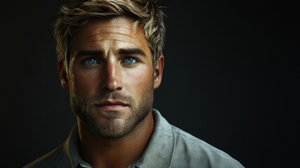 Obraz premium Blonde-haired man with blue eyes, casually dressed in a polo shirt, radiating a friendly and relaxed attitude.